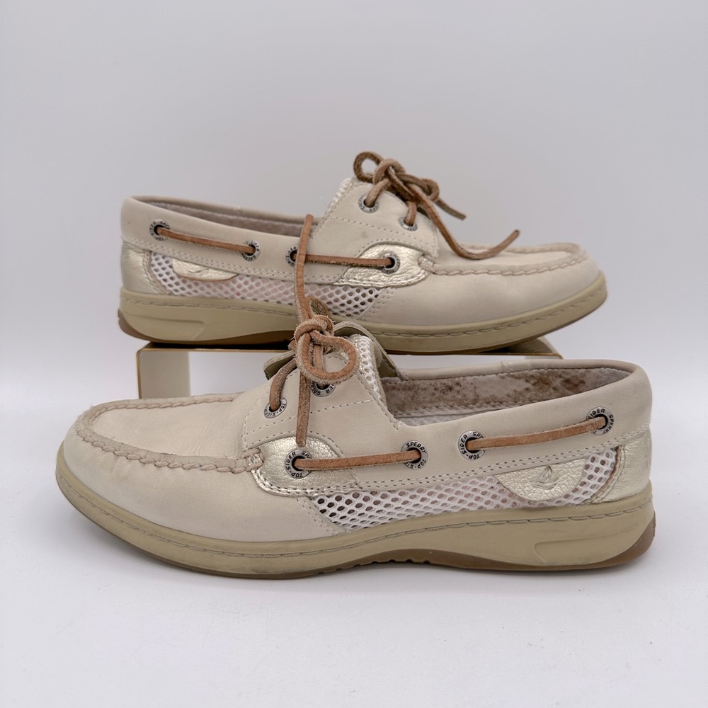SPERRY Women’s Beige & Gold Leather Slip-On Boat Shoes | Size 6